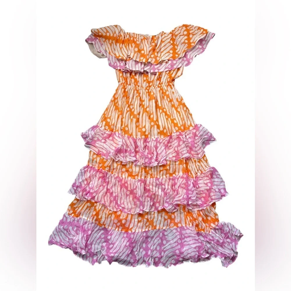 RHODE Ash Off The Shoulder Batik Orange Pink  Dress Tiered Maxi Ruffle S - Picture 2 of 4